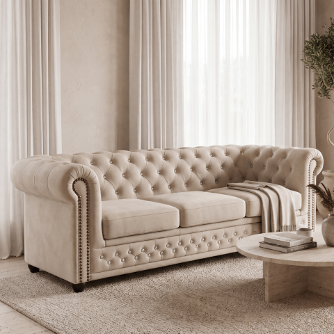 Beżowa sofa pikowana FELIX BLINK z kryształkami w stylu Chesterfield