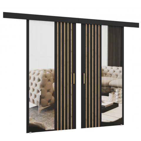 Drzwi przesuwne dwuskrzydłowe naścienne z lamelami i lustrem RIVI