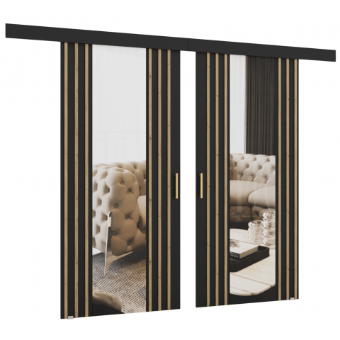 Drzwi przesuwne dwuskrzydłowe naścienne z lamelami i lustrem MONO