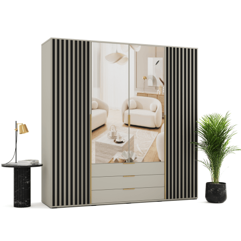 Szafa uchylna czterodrzwiowa z szufladami, lustrem i lamelami na wymiar Santi