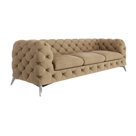 Beżowa sofa trzyosobowa na metalowych nóżkach, pikowana Chesterfield TEO 3