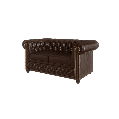 Sofa pikowana w brązowej ekoskórze, dwuosobowa Chesterfield FELIX 2