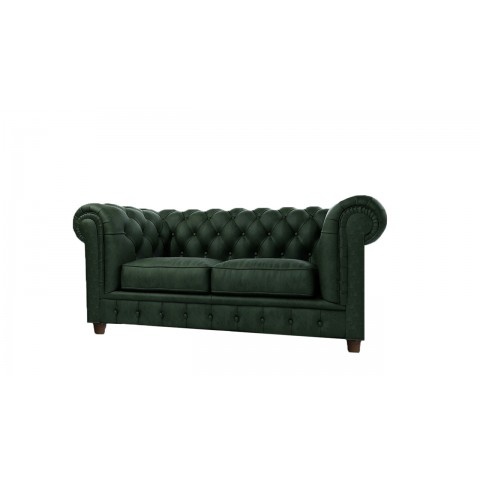Sofa na drewnianych nóżkach w kolorze butelkowej zieleni dwuosobowa pikowana Chesterfield SOLARIS 2