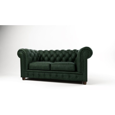 Sofa na drewnianych nóżkach w kolorze butelkowej zieleni dwuosobowa pikowana Chesterfield SOLARIS 2