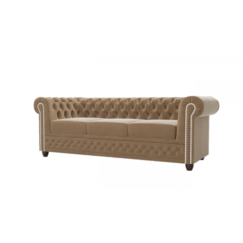 Beżowa welurowa sofa trzyosobowa pikowana na drewnianych nóżkach Chesterfield FELIX 3