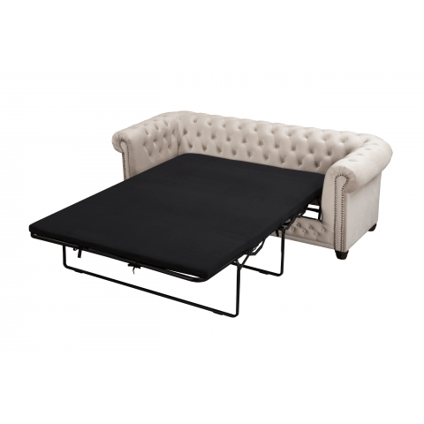 Sofa FELIX 3 – beżowy welur, styl Chesterfield, trzyosobowa z funkcją spania