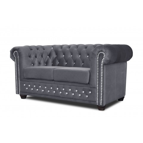 Sofa dwuosobowa pikowana Chesterfield FELIX BLINK 2 w kolorze szarym z kryształkami