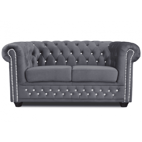 Sofa dwuosobowa pikowana Chesterfield FELIX BLINK 2 w kolorze szarym z kryształkami