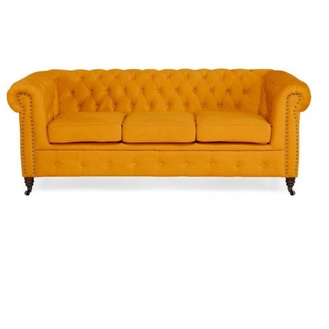 Sofa trzyosobowa pikowana Chesterfield VINCENT – żółta, wygodna i efektowna