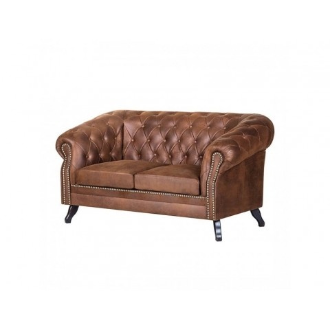 Mała sofa dwuosobowa pikowana Chesterfield GOWEL - brązowa Imitacja skóry, Mikrofibra