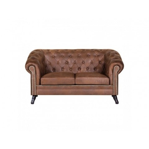 Mała sofa dwuosobowa pikowana Chesterfield GOWEL - brązowa Imitacja skóry, Mikrofibra