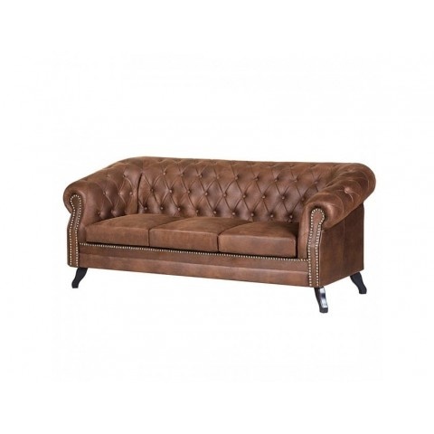 Kanapa trzyosobowa pikowana Chesterfield GOWEL - Brązowa Imitacja skóry, Mikrofibra