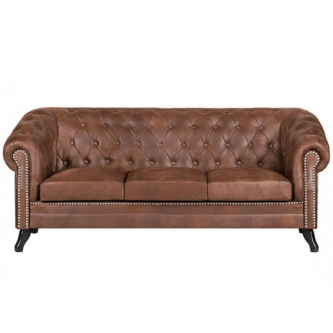 Kanapa trzyosobowa pikowana Chesterfield GOWEL - Brązowa Imitacja skóry, Mikrofibra