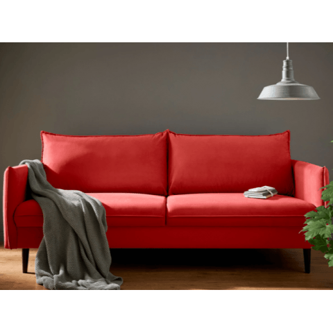 Klasyczna czerwona sofa Verto – trzyosobowa, w miękkim welurze