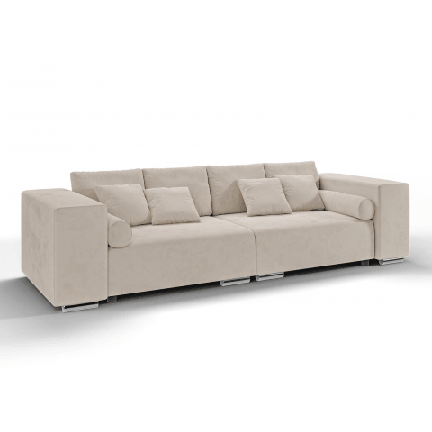 Beżowa sofa rozkładana Lori – trzyosobowa z funkcją spania i wygodnym zestawem poduszek