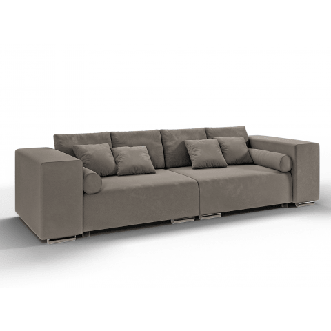 Trzyosobowa sofa szarobeżowa – model Lori, wygodna, do salonu, z funkcją spania i poduszkami