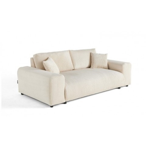 Beżowa sofa Candi z tkaniny sztruksowej – 3-osobowa, kompaktowa, z dekoracyjnymi poduszkami