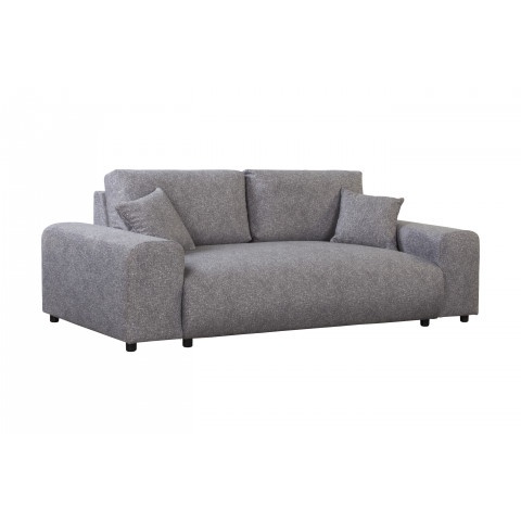 Sofa Candi szara – nowoczesna forma, trzyosobowa, z poduszkami, do mniejszych przestrzeni