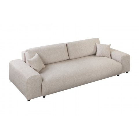 Beżowa sofa do salonu – Candi, czteroosobowa, z poduszkami i praktyczną funkcją spania