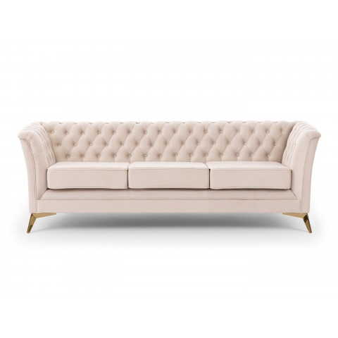 Sofa beżowa Chesterfield HASSO BIS – pikowana, trzyosobowa, na wysokich nogach