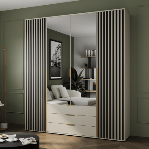 Szafa uchylna czterodrzwiowa z szufladami, lustrem i lamelami na wymiar Santi