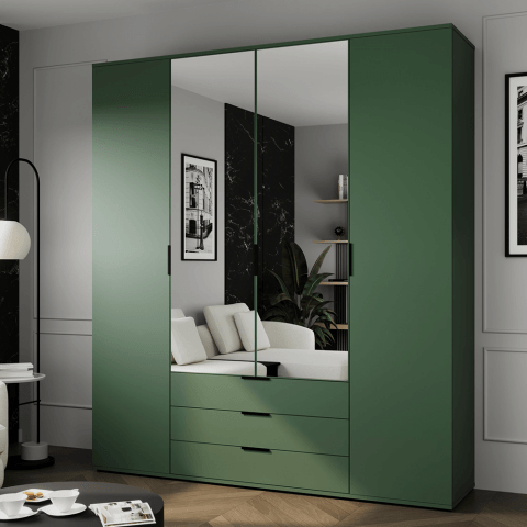 Szafa uchylna czterodrzwiowa z szufladami i lustrem na wymiar Mobi