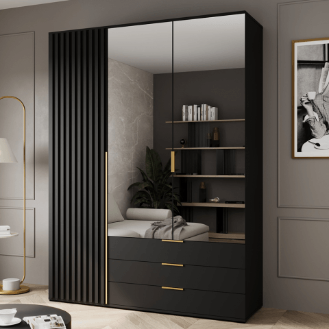 Szafa uchylna trzydrzwiowa z szufladami, lustrem i lamelami na wymiar Santi