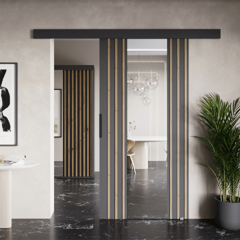 Drzwi przesuwne naścienne z lamelami i lustrem MONO