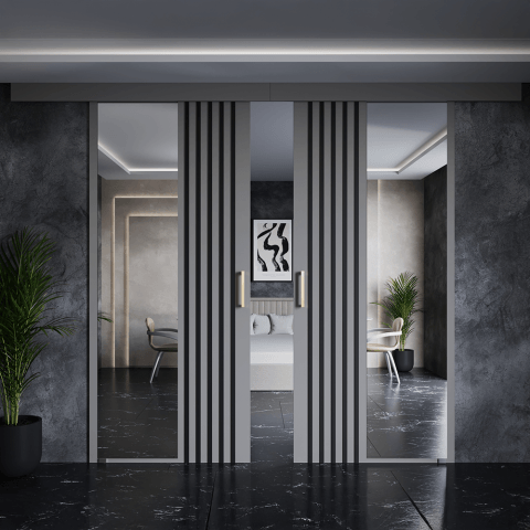 Drzwi przesuwne dwuskrzydłowe sufitowe z lamelami i lustrem RIVI