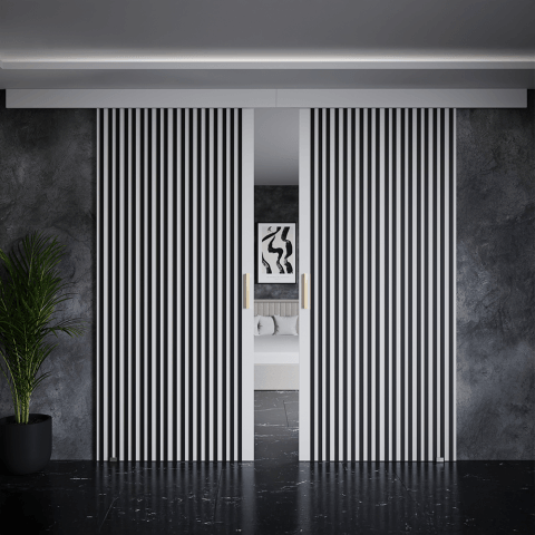 Drzwi przesuwne dwuskrzydłowe sufitowe z lamelami PRIMA