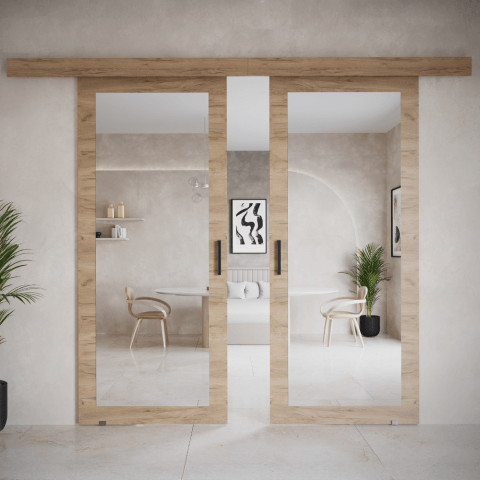 Drzwi przesuwne dwuskrzydłowe naścienne z lustrem Moza