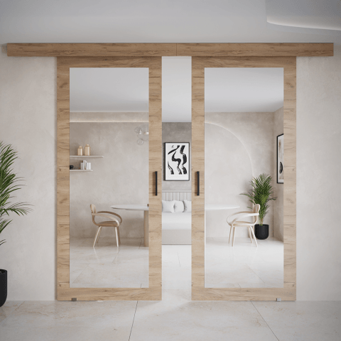 Drzwi przesuwne dwuskrzydłowe sufitowe z lustrem Moza