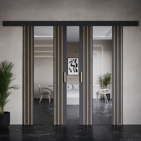 Drzwi przesuwne dwuskrzydłowe naścienne z lamelami i lustrem MONO