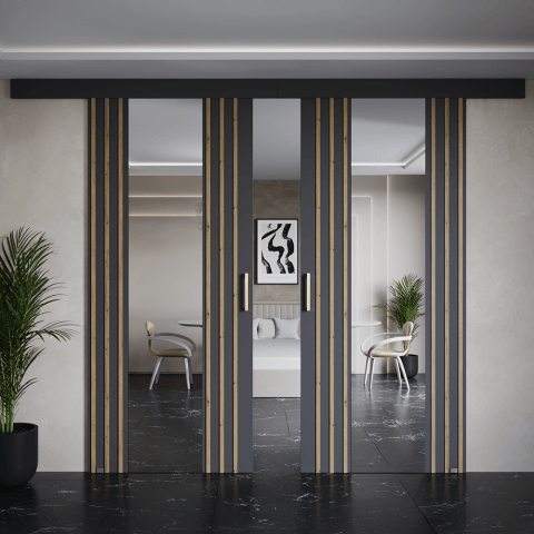 Drzwi przesuwne dwuskrzydłowe sufitowe z lamelami i lustrem MONO