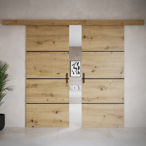 Drzwi przesuwne dwuskrzydłowe naścienne z listwami ozdobnymi ARTO