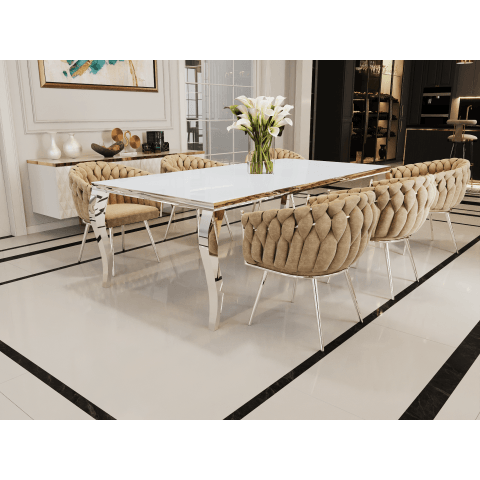 Stół elegance glamour srebrny z białym szkłem 160x90