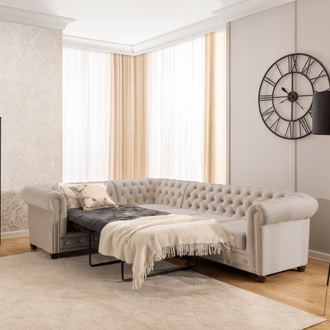 Narożnik sześcioosobowy pikowany Chesterfield FELIX BLINK 2+E+3 z funkcją spania