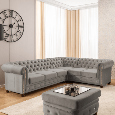 Narożnik sześcioosobowy pikowany Chesterfield FELIX BLINK 3+E+2 z kryształkami