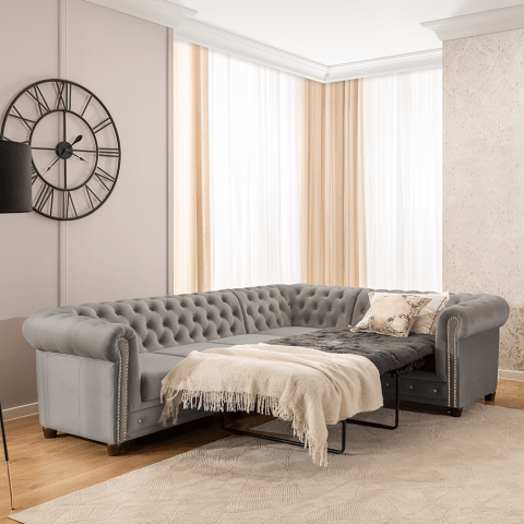 Narożnik sześcioosobowy pikowany Chesterfield FELIX BLINK 3+E+2 z funkcją spania