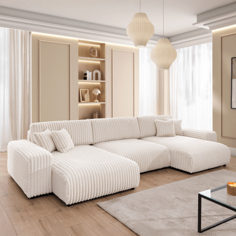 Narożnik Nubo jasny beż – narożnik U z funkcją spania w futerkowej tkaninie sztruksowej