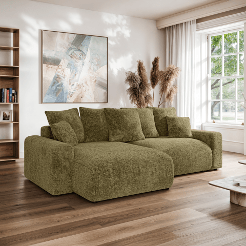 Narożnik Cleo small w kolorze ciemnej oliwki – czteroosobowy narożnik z funkcją spania