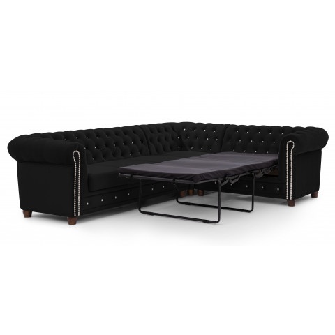 Czarny narożnik Chesterfield FELIX BLINK 3+E+2 pikowany z kryształkami i funkcją spania