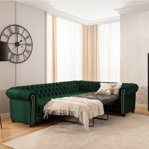 Pikowany narożnik Chesterfield FELIX BLINK w butelkowej zieleni 3+E+2 z funkcją spania