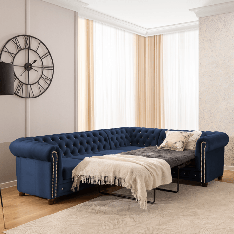 Granatowy narożnik Chesterfield z funkcją spania FELIX BLINK z Kryształkami 3+E+2