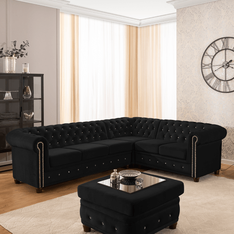 Narożnik Chesterfield FELIX BLINK 3+E+2 czarny welur elegancki do salonu