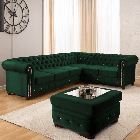 Narożnik pikowany Chesterfield FELIX BLINK 3+E+2 butelkowa zieleń do salonu