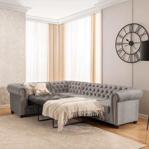 Szary narożnik sześcioosobowy Chesterfield FELIX BLINK 2+E+3 – pikowany z funkcją spania