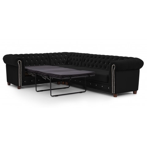 Rozkładany narożnik Chesterfield FELIX BLINK czarny 2+E+3 - pikowany model z kryształkami