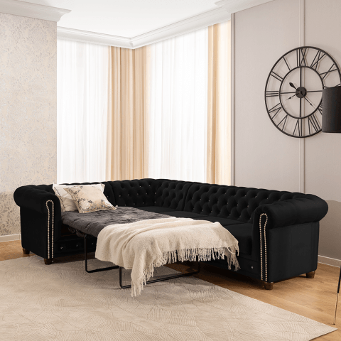 Rozkładany narożnik Chesterfield FELIX BLINK czarny 2+E+3 - pikowany model z kryształkami