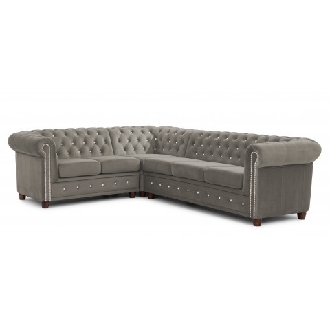 Pikowany narożnik FELIX BLINK Chesterfield 2+E+3 szary – z ozdobnymi kryształkami